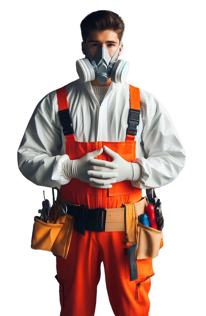 a man wearing a gas mask and orange overalls. Ready to perform professional asbestos abatement services in Shreveport, la