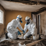 a couple of people in hazmat suits and helmets in a room with a window performing Asbestos Removal Safely
