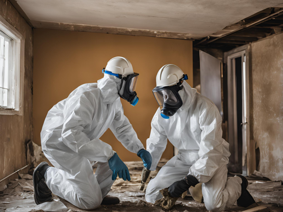a couple of people in hazmat suits and helmets in a room with a window performing Asbestos Removal Safely