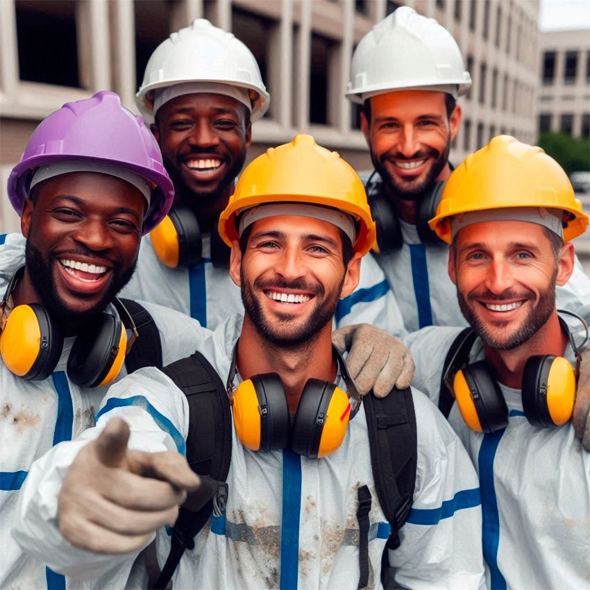 a group of men wearing hard hats and headphones