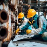 a group of people wearing protective gear and face masks on a mold removal job site