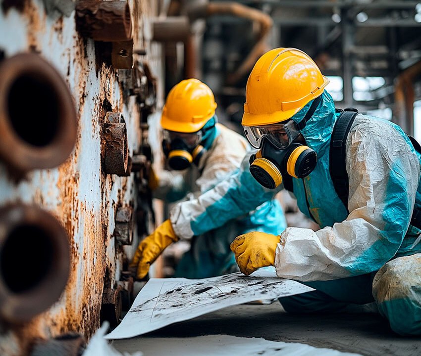 a group of people wearing protective gear and face masks on a mold removal job site