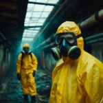 a couple of people wearing yellow hazmat suits and gas masks as there is no Mold removal or Asbestos Removal job to challenging
