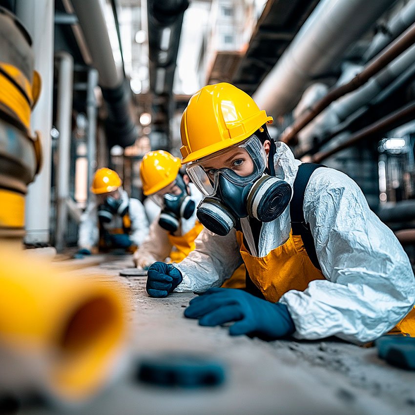 a group of people wearing protective gear and goggles as the prepare the site for Asbestos Abatement Services