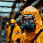 a man wearing a protective suit and mask on an Asbestos Removal Site