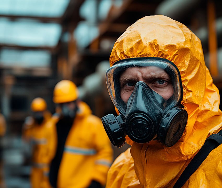 a man wearing a protective suit and mask on an Asbestos Removal Site
