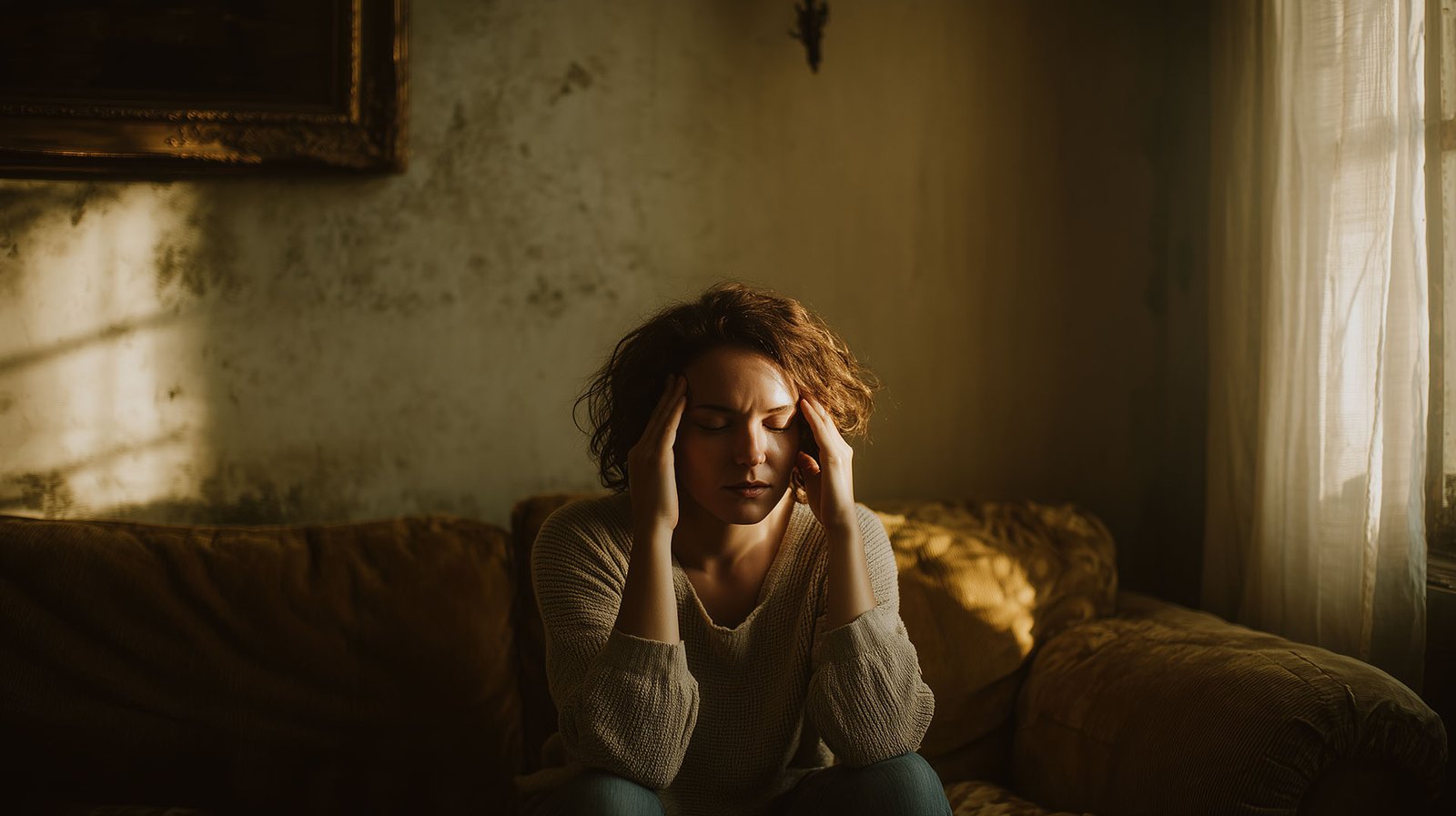 A woman experiencing a headache, a potential warning sign of Shreveport mold sickness caused by hidden toxic mold in her home.