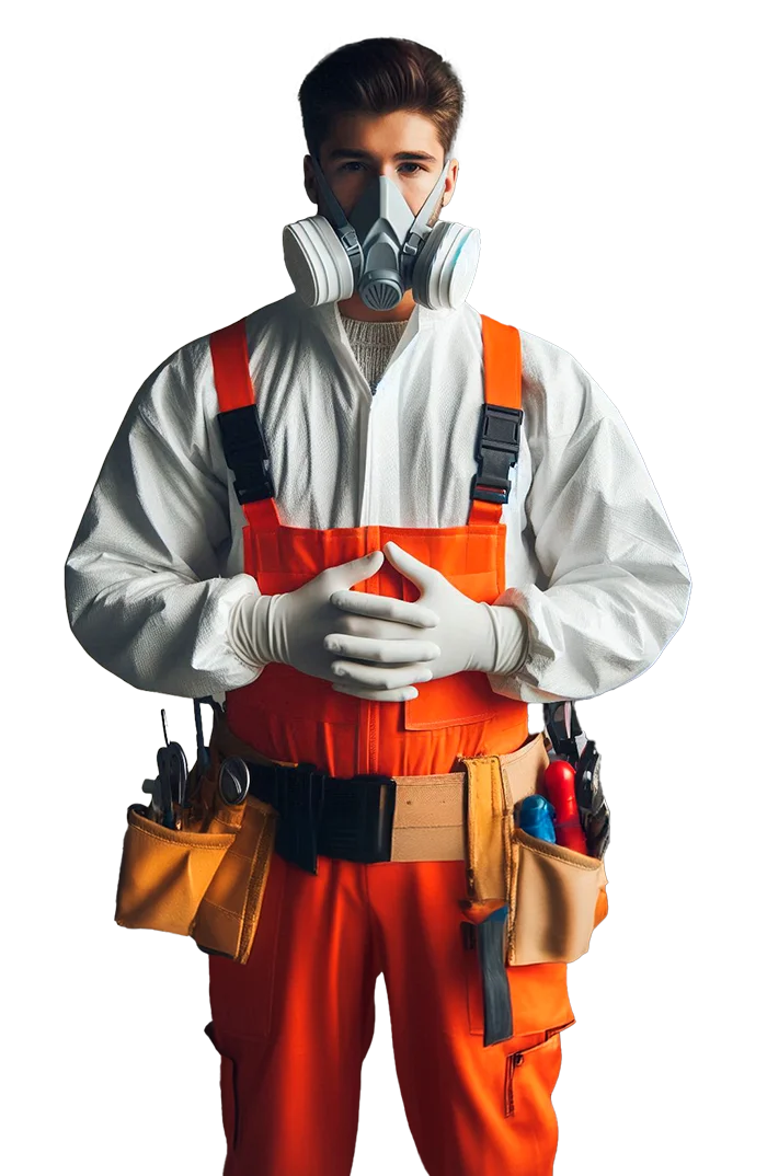 a man wearing a gas mask and orange overalls. Ready to perform professional asbestos abatement services in Shreveport, la